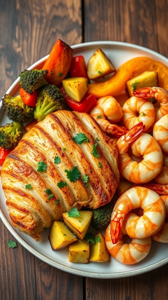 A healthy air fryer dinner with chicken, shrimp, and roasted vegetables on a rustic table.